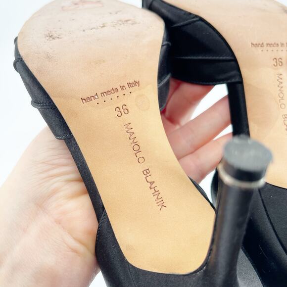 Manolo Blahnik Cassiado Black Satin Crystal Brooch D'Orsay Peep Toe Heels IT 36 - Picture 10 of 10